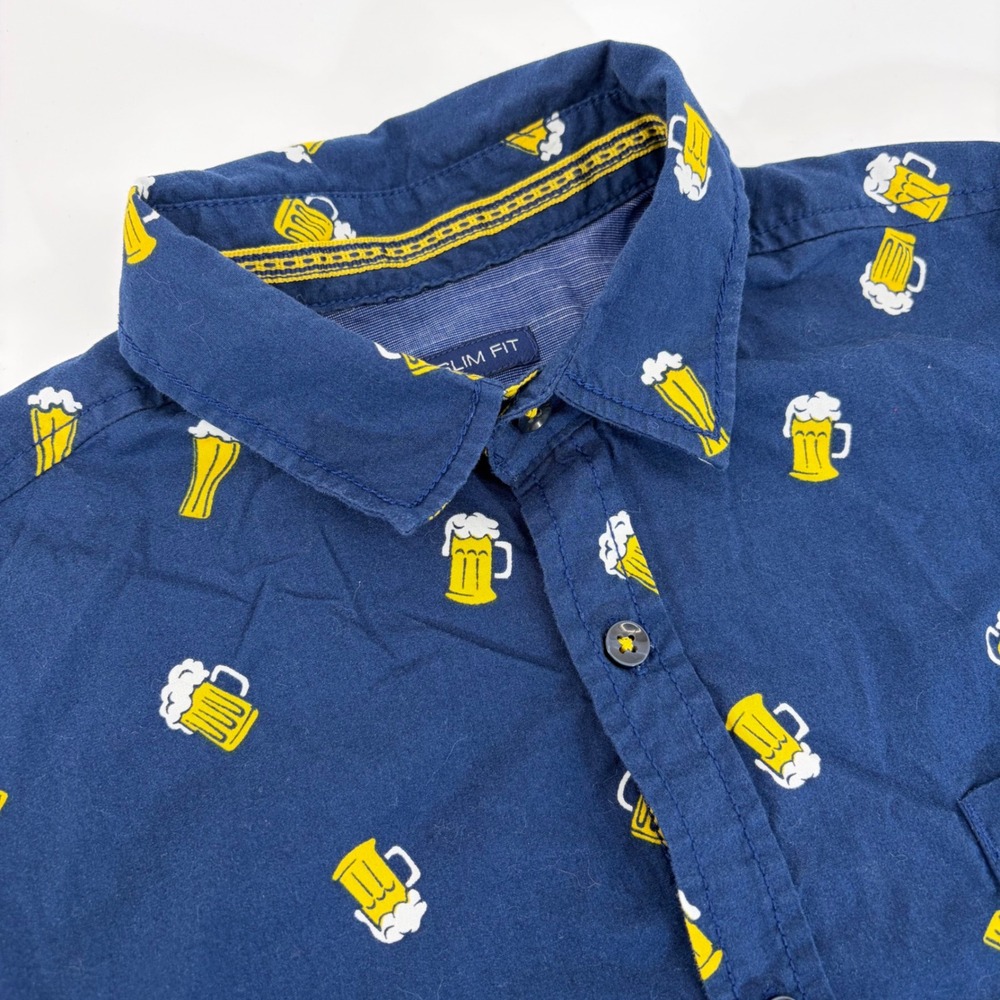 Drill Clothing Co Mens Slim Fit Beer Mug Print Button Down Shirt Navy Blue Med